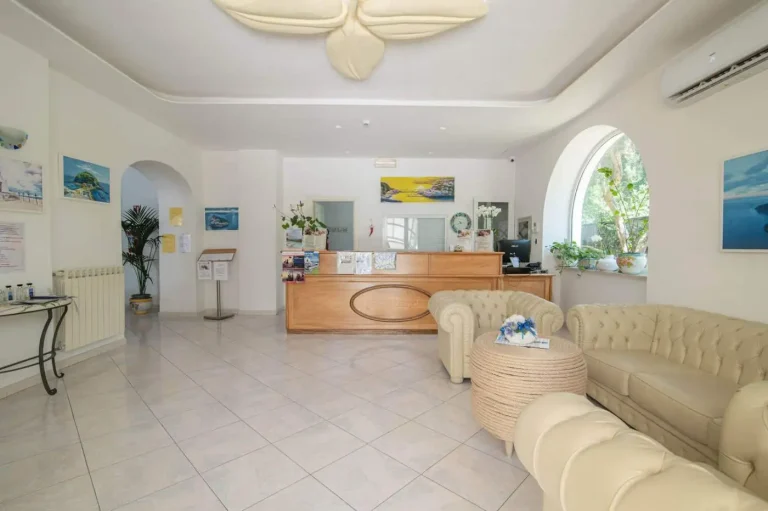 Hall dell'hotel con la reception e il salotto